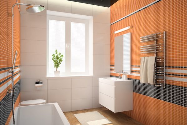 Interior of the bathroom with orange wall 3D rendering
